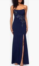 Betsy Adam Navy Blue Beaded Floral Strapless Scuba Crepe Gown Size 6 309