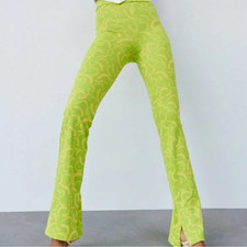 Zara Flared Jacquard Trousers High Waist Stretch Pants Slit Hem Green Yellow XS