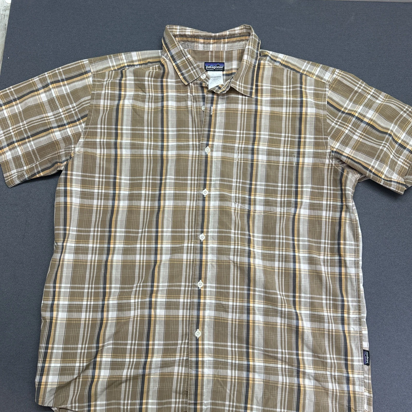 Patagonia Shirt Mens XL Brown Plaid Organic Cotton Outdoor Hiking Camping Light