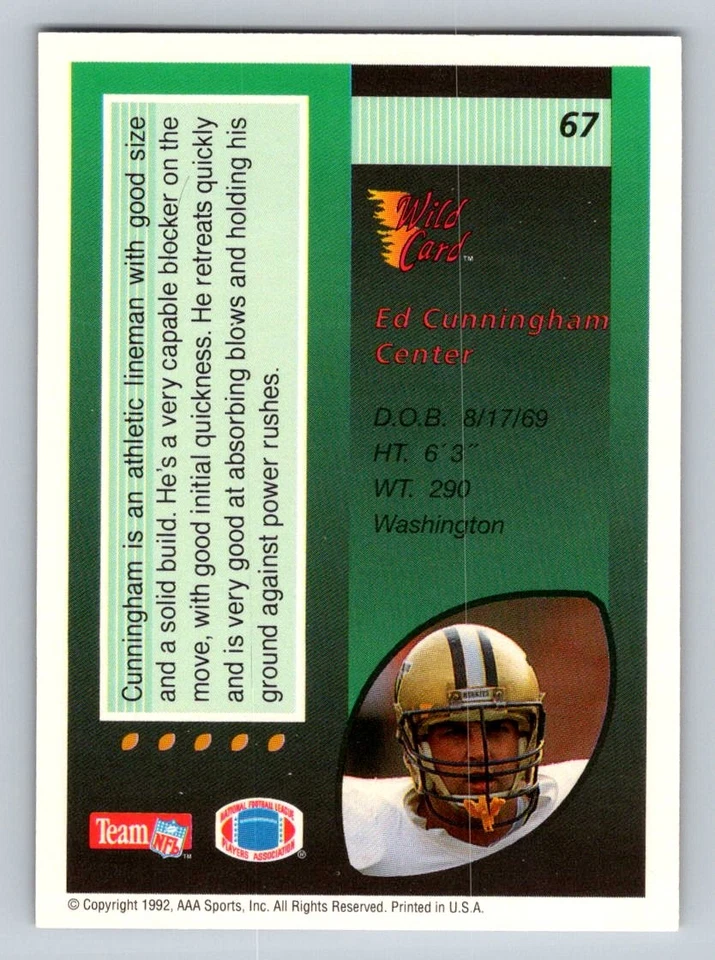 1992 Wild Card Ed Cunningham #67 Arizona Cardinals - Image 2 of 2