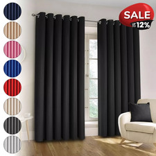 Plain Blackout Eyelet Curtains Ready Made Ring Top Thick Curtains With Tie Backs