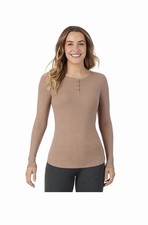 NEW Women s Cuddl Duds Soft Knit Taupe Long Sleeve Henley Stretch Rib Top Sz SM