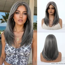 Medium Length Gray White Highlight Synthetic Wigs for Women Short Straight