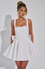 White Sequin Tweed Square Neck Mini Dress Big Back Bow Flared Homecoming Gown