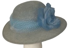 Vintage Blue Straw Look Hat with Flower Netting NWOT
