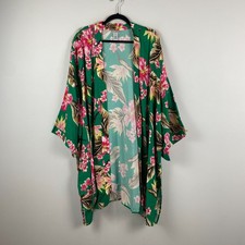 Catherines Long Kimono Cardigan Size 4X Open Front Green Floral 3/4 Sleeves