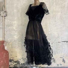 Antique 1920s Sheer Black Fluffy Tiered Ruffle Dress Silk Velvet Bodice Vintage