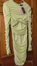 Nwt PRETTY LITTLE THING NEON LIME EXTREME ROUGED BODYCON DRESS SZ. 4 LADIES