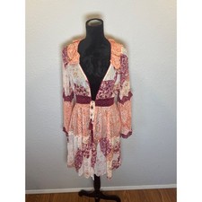Miss Me Boho Patchwork Floral Lace Trim V-Neck Mini Dress Orange Burgundy Small