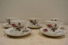Set of 5 Vintage White with Roses Cups & Saucers / Japan