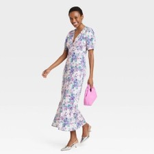 Women's Crepe Puff Short Sleeve Midi Dress - A New Day Blue Floral Medium