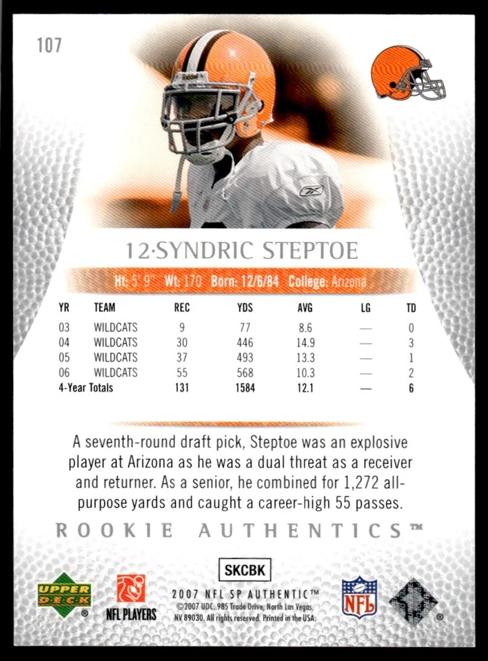 2007 SP Authentic Syndric Steptoe Rookie 1249/1399 Cleveland Browns #107 R98 - Image 2 of 2