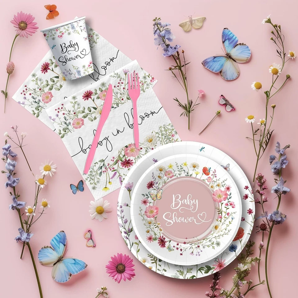 Vajilla floral decoraciones baby shower niña - bebé flor silvestre en flor bebé... Foto 3 de 3