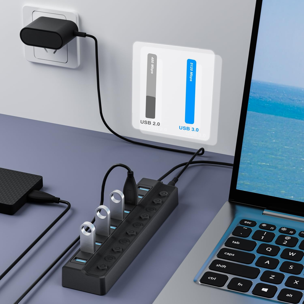 Powered USB Hub 3.0, 10-Port USB Splitter Hub with Individual On/Off Switches an