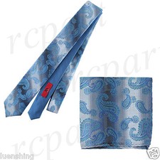 New Men's Brand Q Microfiber Reversible Necktie Hankie Set Paisley Blue