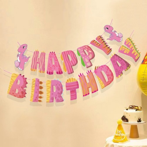 Quality Pink Cute Dinosaur Banner Girl Party Bunting Flag Birthday Decoration - Picture 2 of 8