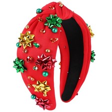 Christmas Headbands for Women, Red Knotted Xmas Headband with Rhinestones, Pe...