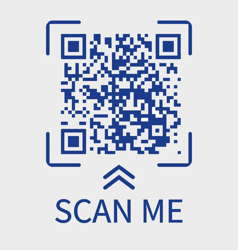 Gray QR code with black square, white label “VF+ ED1047,” and blue text “SCAN ME” on light gray background.