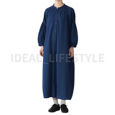 MUJI Pintuck Indigo Dyed 3/4 Sleeve Shirt Dress XS-XXL Organic Cotton Women NWT