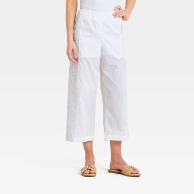 Women Cropped Straight Leg Eyelet Pull-On Pants - A New Day