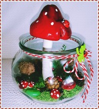 Tischdeko Wald  IM GLAS mit  Fliegenpilz & Igel *** Gesteck Tisch Dekoration NEU