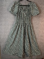 Uniqlo Dress Womens Large Green Floral Puff Sleeve V-Neck Smocked Midi Sundress