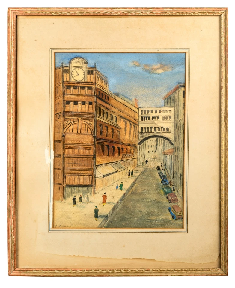 Acuarela Dwtn Boston años 40, departamento Jordan Marsh Tienda, 'Puente de Compras' Firmado Foto 2 de 4