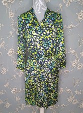 Clements Ribeiro shirt Dress Size 10 Green Blue Floral Satin Belt Smart Casual 