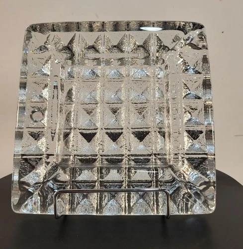 Vintage Blenko Glass Prism Ashtray Square Textured MCM Heavy Clear Art Glass