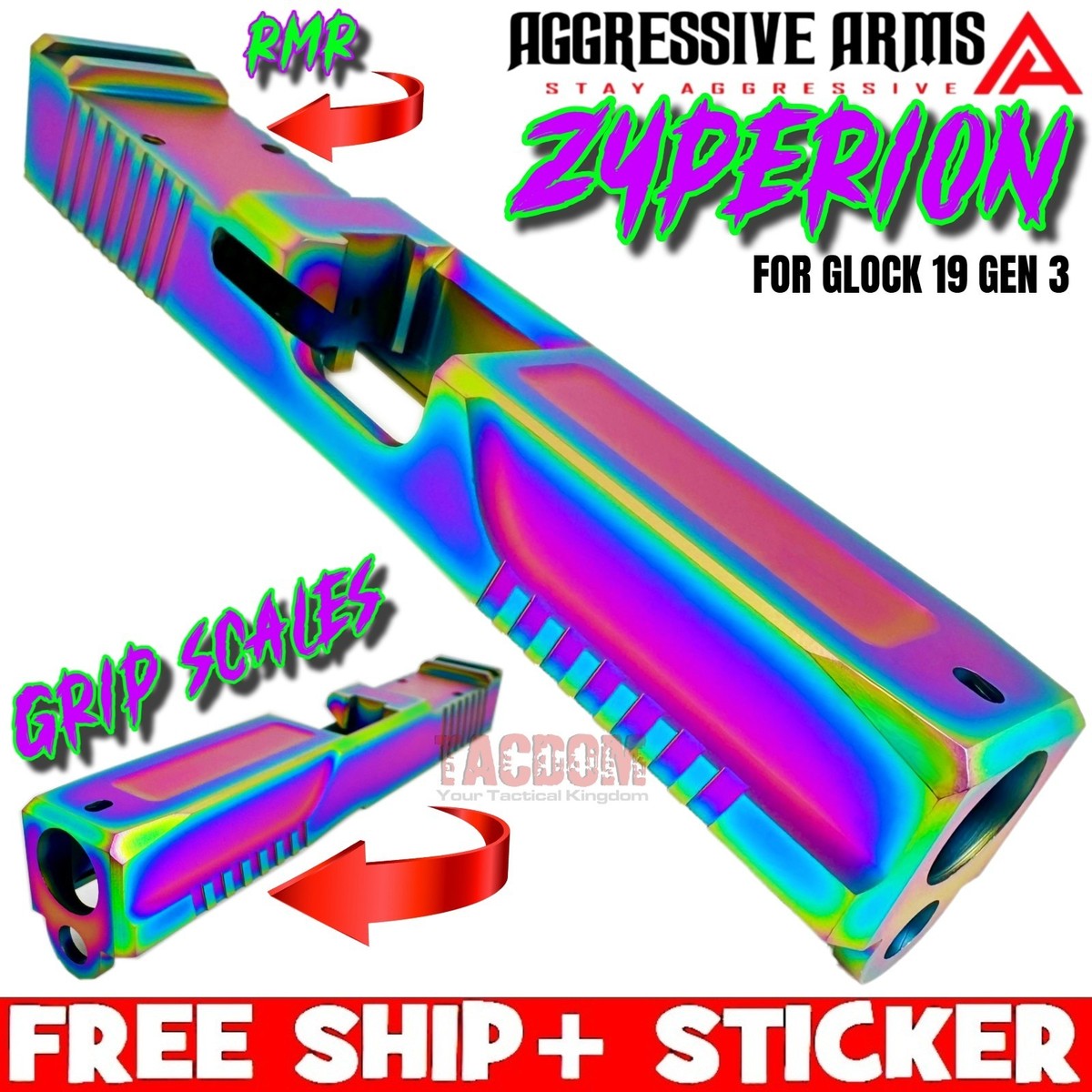 AGGRESSIVE ARMS ZYPERION RAINBOW INSANE SCALE GRIP SLIDE For GLOCK