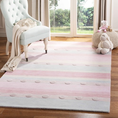 Kids Collection Area Rug - 6' x 9', Light Blue & Pink, Handmade Stripe Wool, ...
