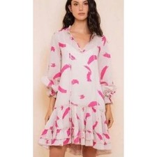 KLEID For Her Ilona Mini Dress Pink Tan Abstract Print Tiered Ruffle Small