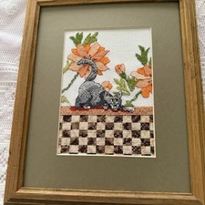 Vintage Framed Cat Needlepoint Art Cottagecore Floral Kitty Wall Decor