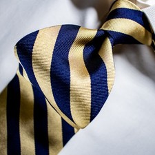 BROOKS BROTHERS Yellow Gold Navy Blue Striped Woven Silk Necktie 57.5" x 3.75"