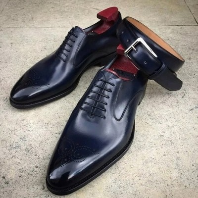 Men's Navy Blue Leather Oxford Shoes, Handmade Wingtip Dress Shoes