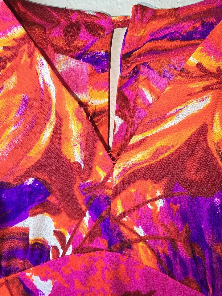 VINTAGE 60s 70s Psychedelic Floral Kaftan Muumuu Maxi Dress Hot Pink Orange... - Image 4 of 4