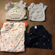 Infant Boys Of 4 Items 2 0/3 Mo snap shirt 3/6 Mo Romper, 6 Mo Footie PJ Lot