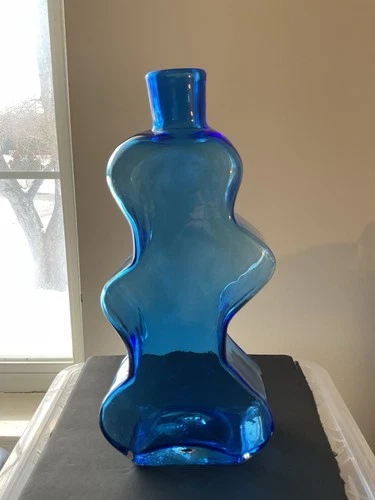 Blenko Hand Blown Glass Vase Blue Puzzle Piece 16" VINTAGE 8904
