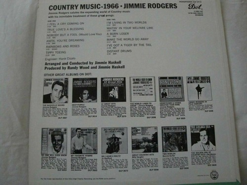 JIMMIE RODGERS COUNTRY MUSIC 1966 VINYL LP ORIGINAL 1966 DOT RECORDS STEREO EX - Picture 2 of 2