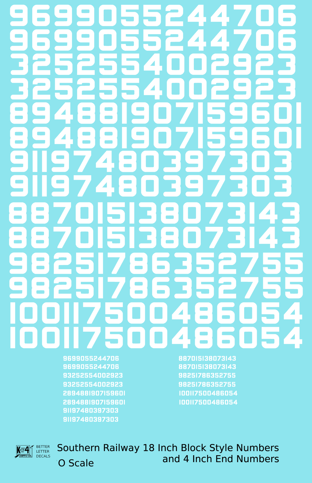 K4 O Scale Decals Southern Railway 18 Scale Inch Block Freight Car Numbers White