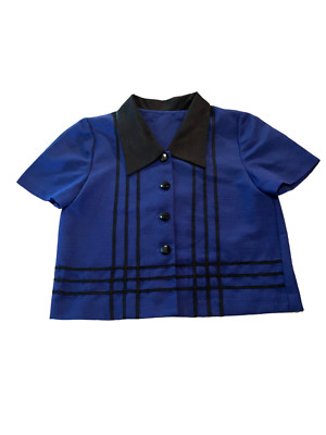 Blue Blouse Button Down Collared Black Accents