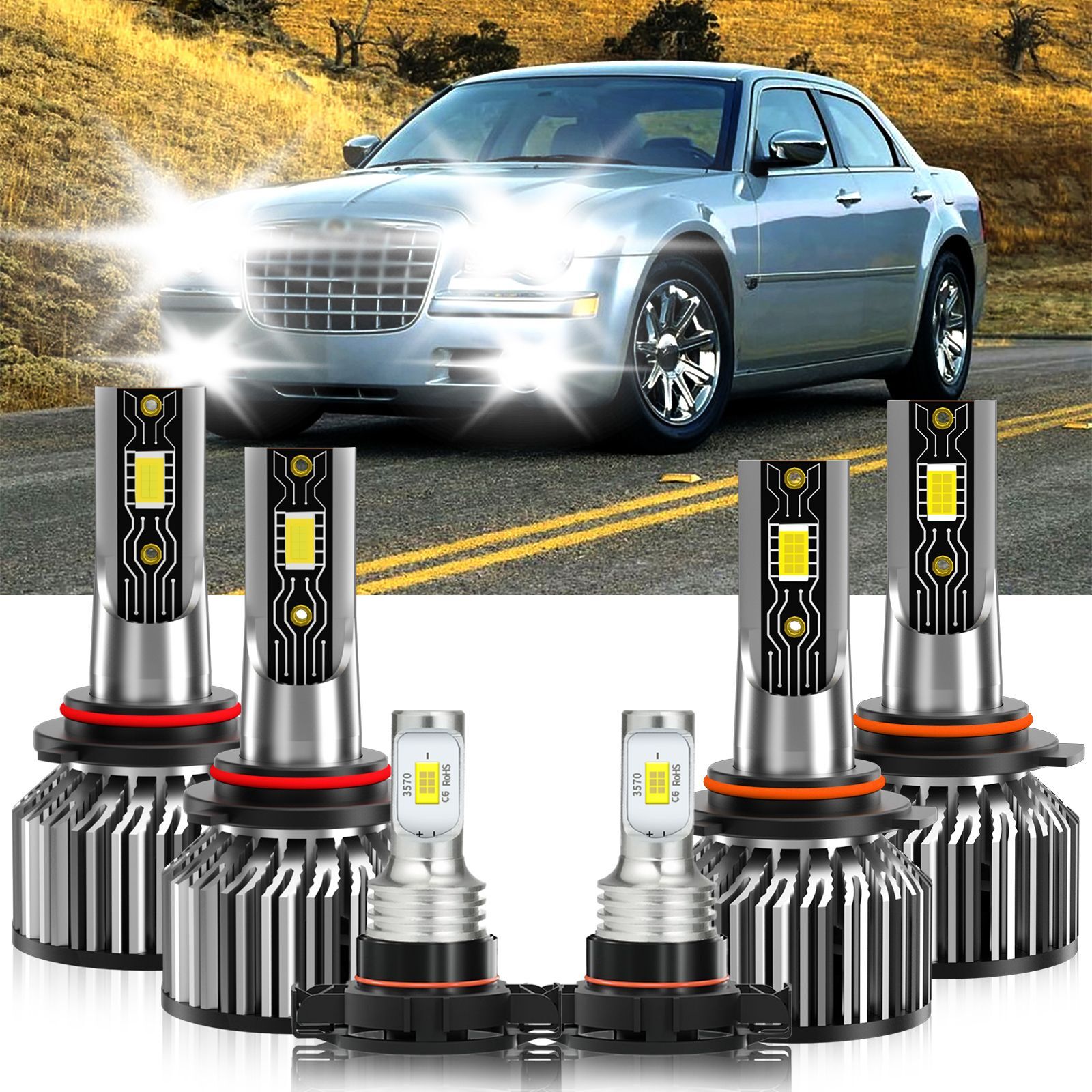 For Chrysler 300 2010-2010 6x 9005 9006 5202 LED Headlight+Fog Light Bulbs Combo