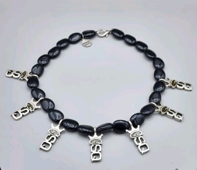 Bold Save The Queen Designer Chunky Black Beaded Necklace Made in ITALY