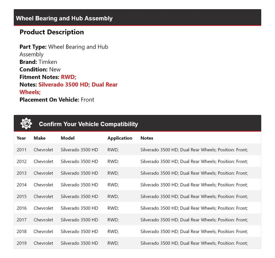 Conjunto de buje de cojinete de rueda para Chevrolet Silverado 3500 HD 11-19 Foto 2 de 4