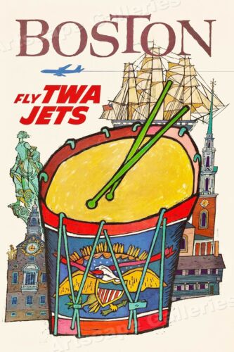 Visit Boston TWA 1960s Vintage Style Air Travel Poster - 16x24 - Picture 1 of 3