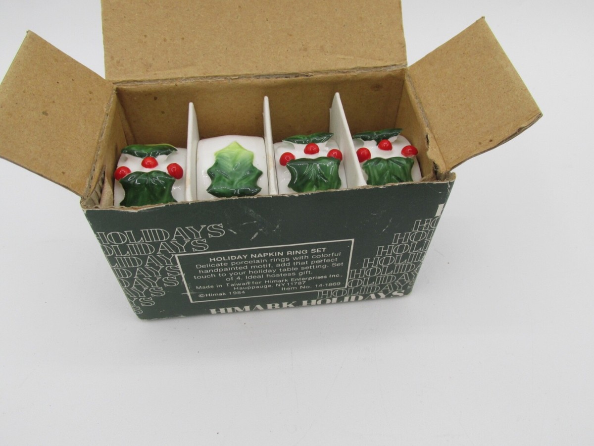 1984 HIMARK HOLIDAYS Christmas Holly Napkin Ring Set 4 Bone
