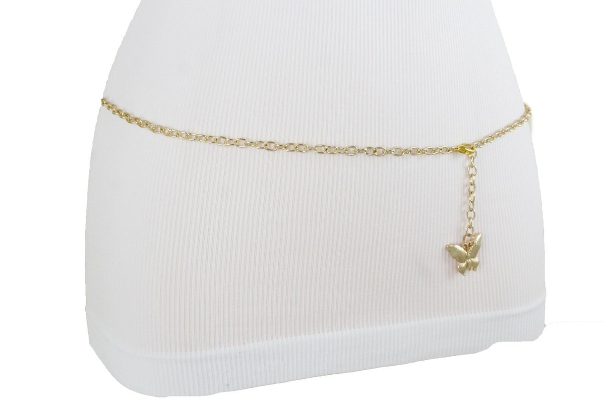 Women Fashion Thin Band Belt Gold Metal Chain Link Butterfly Charm