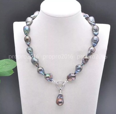 Huge 15-20mm Natural Black Baroque Keshi Reborn Pearl Pendant Necklace 14-32''