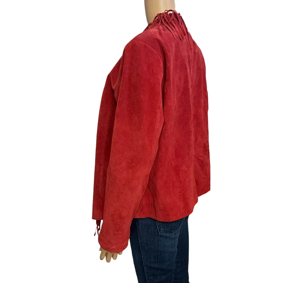 90s Y2K Womens Suede Jacket Medium Fringe Red Western Boho Southwestern Cowgirl - Image 3 of 4