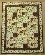 Baby Quilt Homemade Green Brown White w/Monkeys 36" x 45"